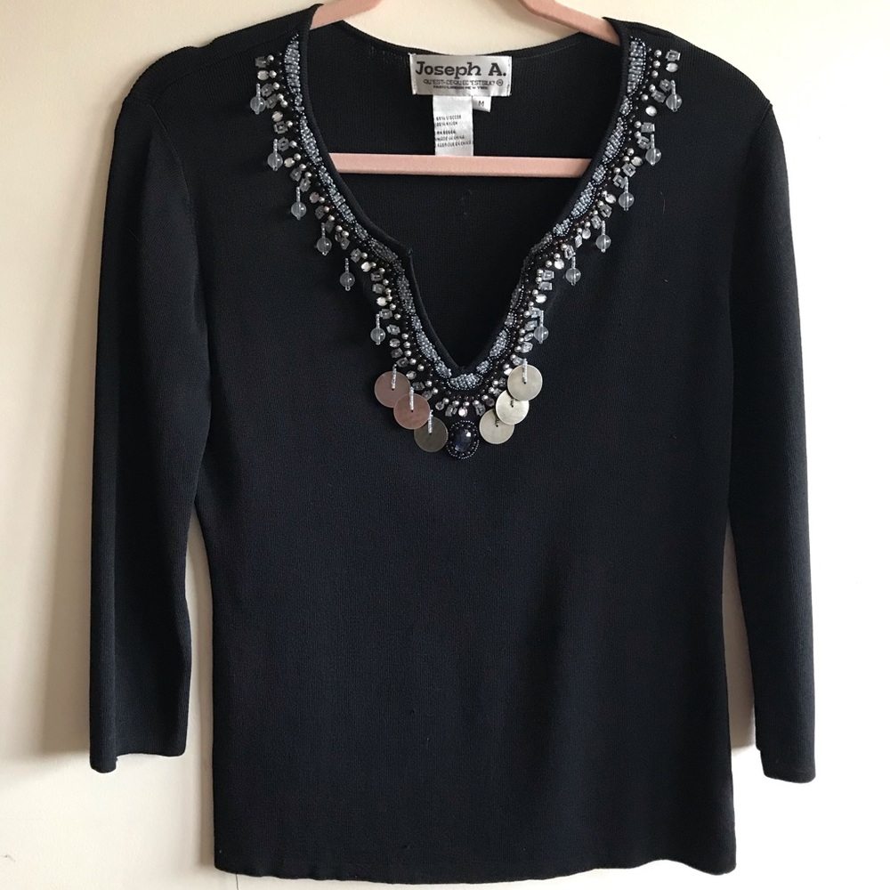 Joseph A. Qu’est-ce Cest Silk Embellished Neckline Black Sweater top M
